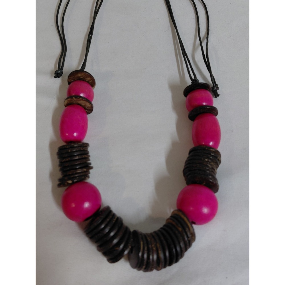Pink & Brown Wood Beaded Statement Necklace Multi Strand Boho Chunky Adjustable